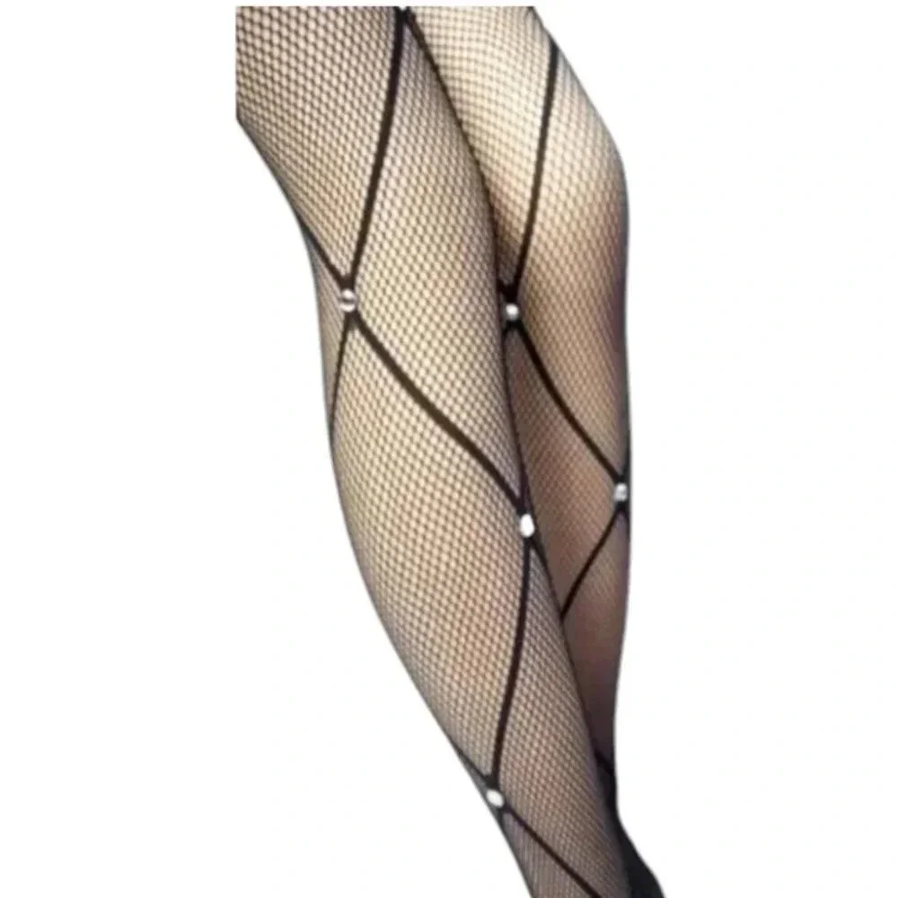 Black Rhinestone Diamond Pattern Panty Hose
